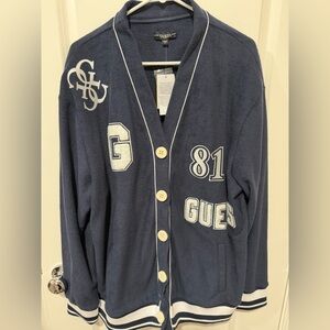 GUESS Noele Boucle Varsity Cardigan in Daring Ocean Blue Patches LARGE New NWT